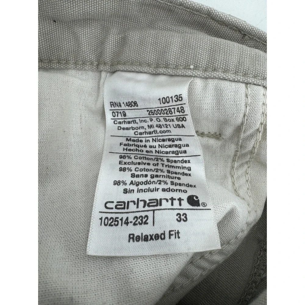 Carhartt Mens Relaxed Fit Canvas Work Shorts Khaki Tan 102514-232 Size 33
